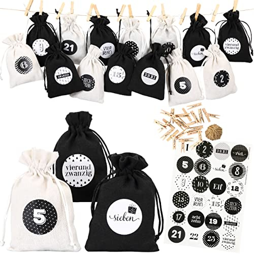 Papierdrachen Adventskalender 2025 - Stoffsäckchen (24 St.) in Schwarz-Weiß mit Zahlenaufklebern - Stoffbeutel zum Befüllen & Dekorieren - Geschenkidee