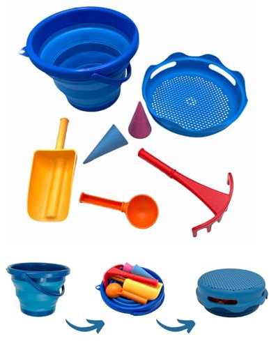 Schildkröt 7in1 Sand Toys Set, innovatives Sand-Spielset im Handtaschenformat, kompakt und platzsparend, Faltbarer 3 Liter Eimer mit 6 Sandspielzeugen zum Graben, Formen, Sieben und Rechen, 970244