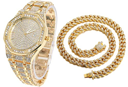 Halukakah Diamant Golduhr, Herren 18K Echt Vergoldet 40MM Breite Achteckig Rund Wählen Quarz Armband 22cm mit Kubanischer Link Kette 45cm Halskette Set, mit Geschenkbox