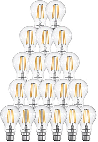 paul russells B22 Bayonet Cap LED Filament – 7Watt 60W Equivalent 806LM Lumens 2700K BC Standard GLS A60 – Super Bright Energy Saving Light Non-Dimmable - Warm White Bulbs - Pack of 20