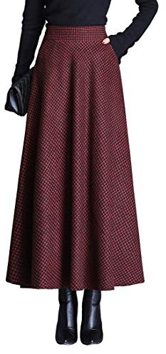 Jupe Longue Femme Hiver Vintage Élégant Taille Haute Carreaux Taille élastique Maxi Jupe Laine Chaud A-Line Plissée Jupe Casual Party B Red Wine L