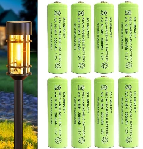 Soluminate Solar Light Batteries Size AA (300mAh) Rechargeable 1.2V Ni-MH for garden solar lights (8-Pack)