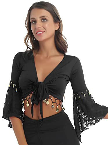 dPois Damen Bauchtanz Oberteil Kostüm Crop Tops Bauchfrei mit Quasten Fransen Glitzer Wickeljacke Kurzarm Bolero Schulterjacke Tanzkleidung Schwarz 3XL