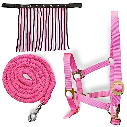 Cabestro para caballos con cuerda y flecos de mosca, cabestro con punto – Cabestro Pony Shetty Cabestro Cob Full Kb (pura sangre (mazorca), negro y rosa