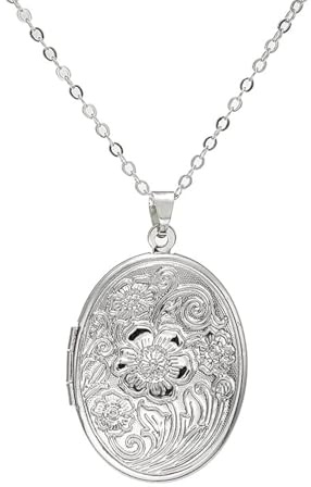 HMOOY Collana Medaglione, Collana Ciondolo Medaglione Forma Cuore Inciso Che Contiene Immagini Collana Medaglione Foto Personalizzato Collana Memoria per Donna Ragazze (Ovale-Argento)