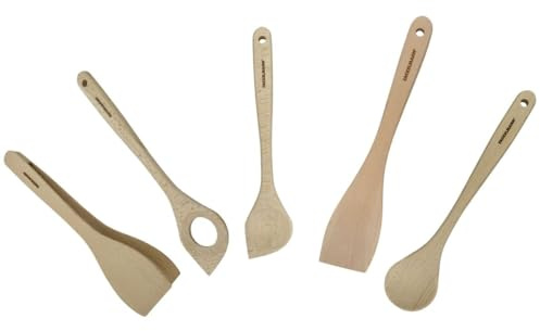 Fackelmann Set 5 ustensiles cuisine en bois de hêtre FSC | Cuisine sans abîmer, 5 pièces utiles, Bois FSC, Format 30 cm, Pince et cuillères