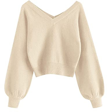 ZAFUL Women's Cropped Sweater V-Neck Long Sleeve Crop Sweater Pullover Jumper Knit Top (1-Apricot, XL)