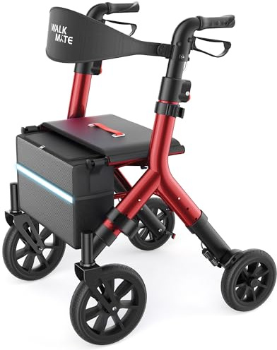 WALK MATE Rollator Walker for Seniors 5.3~7ft Tall, Height-Adjustable Seat, Built-in Cable, 10 Inch Wheels, 16.5 lb Lightweight & Compact Folding Design, 300 lb Capacity, Red