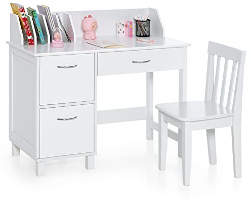 GOPLUS Schreibtisch-Set für Kinder, multifunktionaler Kinderarbeitsplatz zum Zeichnen, Lesen, Essen, Computertisch & Stuhl mit Schublade & Schrank, ideal für Schlafzimmer, Arbeitszimmer (Weiß)