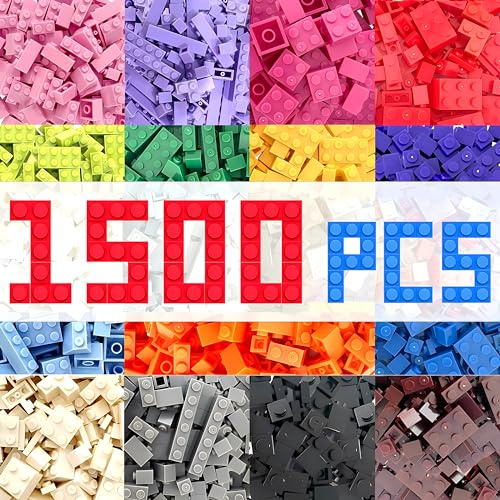 HIUME Building Bricks Classic 1500 Pieces Kids Building Blocks Box Compatible with All Major Brands 12 Colors 14 Bulk Shapes