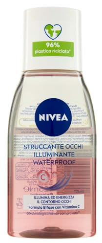 NIVEA Struccante Occhi Bifase Illuminante Waterproof 125 ml, Struccante bifasico per gli occhi arricchito con vitamina C energizzante, Olio struccante bifase per il trucco waterproof