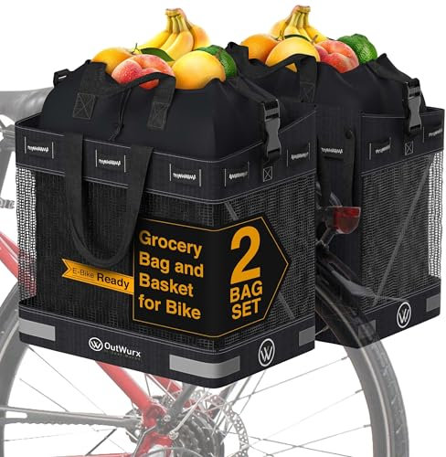 OutWurx Einkaufstaschen für Fahrräder – wasserabweisende Fahrradtaschen für Fahrräder, Gepäckträger mit Griffen und Schultergurt, 2 Stück, schwarz
