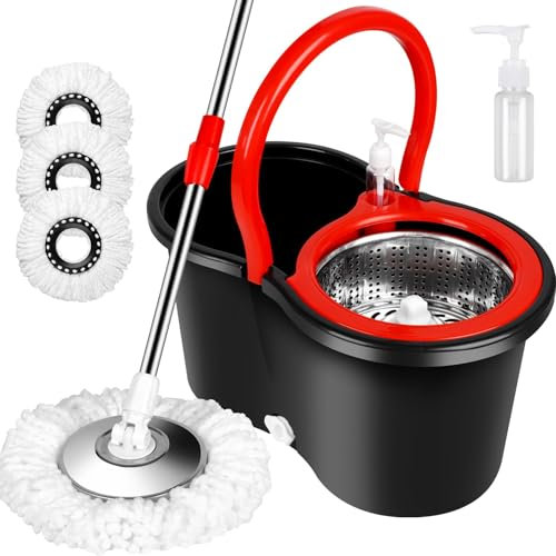 Cubo de fregona con juego de escurridor, cubo giratorio de 360 grados para limpieza de suelos con 3 cabezales de fregona de microfibra para oficina y uso doméstico, negro (cubo de 20 cuartos de galón)