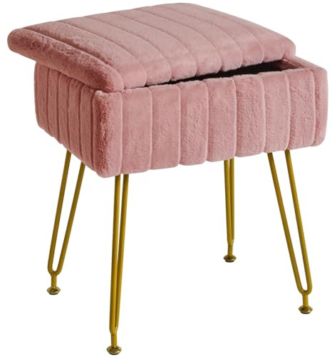 IBUYKE Sammetspall stol med förvaringsutrymme, fotstöd fotpall Ottoman, litet sidobord, med 4-metallben, med halkfria fötter, för sminkrum, sovrum, rosa L/G-50P