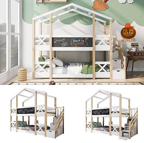 kubeier Etagenbett Kinderbett Hochbett Doppelbett mit Speicherung und Rausfallschutz 90 x 200 cm, Platzsparendes Kinder Etagenbett aus massiver Kiefer, 2X Lattenrost- Natur & Weiß