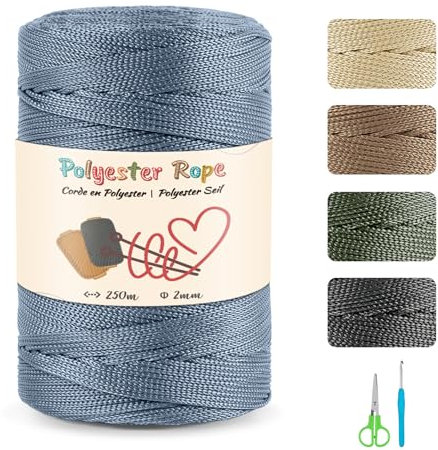 Premium 2 mm 250 Meter Polyester-Seil, 100% Polypropylen-Kordel mit Schere und 4mm Häkeln Makramee-Kordel für DIY Handwerk Basteln Häkeln Stricken Pflanzenhänger Blumenampel Deko (Denim Blau)