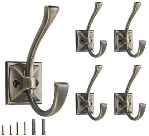 CABDM Dekorative robuste Handtuchhaken zum Aufhängen von Bademänteln, doppelt gebürstetes antikes Messing, Wandmontage, mit Schrauben für Schlüssel, Handtücher, Taschen, Tassen, Hüte, 5 Stück