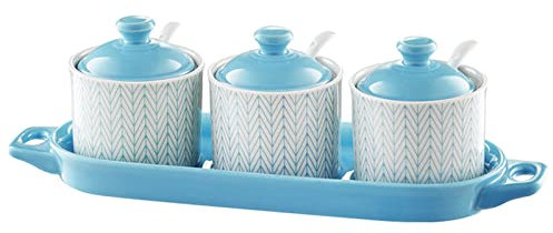 Barattolo in ceramica per zucchero, saliera per zucchero, zuccheriera blu con coperchio, barattolo per zucchero, contenitore per spezie, contenitore per zucchero, saliera per condimenti, set di 3