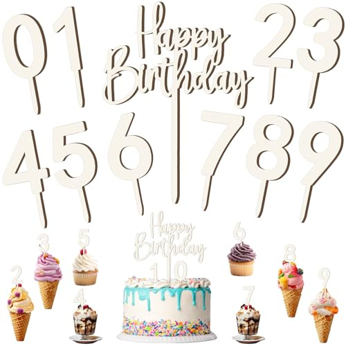 Happy Birthday Tortendeko mit Cake Topper Zahlen 0-9 | Holz Kuchendekor Cupcake Topper Kuchen Deko für Mädchen Junge Frauen Mann Geburtstagsfeiern Hochzeit