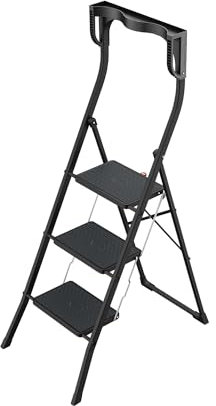 Hailo K77 ComfortLine Klapptritt - 3-stufige Trittleiter aus Stahl mit Sicherheitsbügel und Ablageschale - Arbeitshöhe bis 2,69 m - Gewicht: 6,8 kg - Schwarz