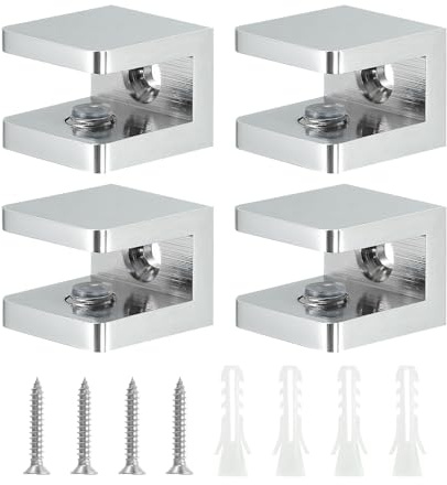 sourcing map Glass Shelf Clamp, 4Pcs Brass Glass Clamp for 8-10mm Thick Glass, Adjustable Glass Shelf Bracket Support Holder, Silver