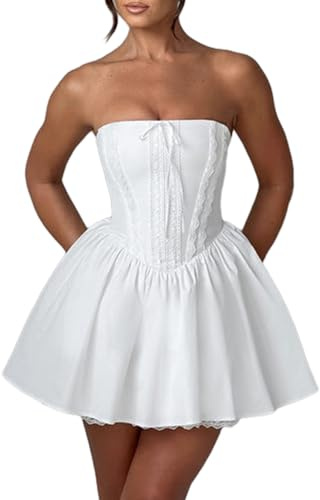 Felcia Damen Elegantes ärmelloses Minikleid mit O-Ausschnitt und Spitzenbesatz Sommerkleid mit Rückenfreier A-Linie Korsettkleid für Party und Cocktail Kurzes Kleid Clubwear, A-weiß, M