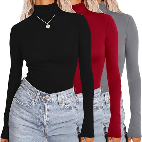 Ekouaer Womens White Sweater Turtleneck Women's Turtleneck Long Sleeve Shirts Lightweight Base Layer Solid Slim Fit Tops 3PCS, Black/Red/Grey, M
