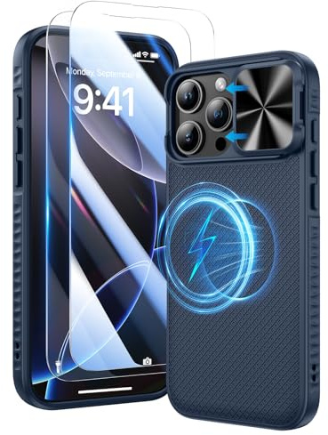 Doeshine for iPhone 16 Pro Case with 2 Pack Screen Protector and Slide Camera Cover, Military-Grade Drop Protection Rugged Hard PC Magnetic Shockproof Phone Case Cover for iPhone 16 Pro 5G 2024 (Blue)