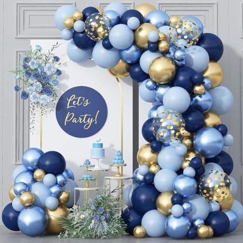 Blue Gold Balloons Garland Arch Kit, Navy Blue Light Blue Metallic Gold Blue Balloon Arch Kit, Macaron Blue Gold Confetti Balloon for Father's Day Dad Birthday Graduation Baby Shower Party Decorations