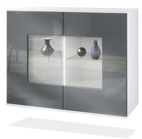 Vladon Kommode Grömitz V3, Moderner Küchenschrank mit 2 großen Glastüren inkl. RGB Beleuchtung Weiß matt/Grau Hochglanz (92,5 x 73.5 x 35)