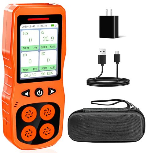 ZYKYCX Portable 4 Gas Monitor Multi Gas Detector for H2S, CO, LEL, and O2 Analyzer, Rechargeable 4 Gas Detector with 3 Type Alerts, 16H Long Battery Life for Industrial & Home, Orange