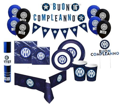 Kit Compleanno Inter per 24 Persone - Set Festa 106 Pezzi con Piatti, Bicchieri, Tovaglioli, Palloncini, Tovaglia, Festoni, Sparacoriandoli e Topper Torta - Addobbi a Tema Inter per Bambini e Tif