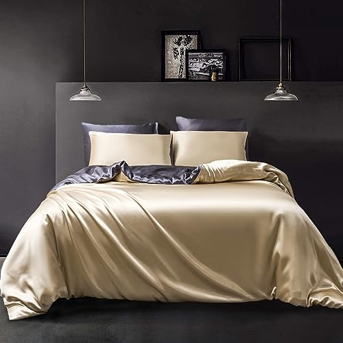 YASMENG Housse de Couette Satin 220x240 Beige Or Gris Foncé Brillant Deluxe Parure de Lit Satin Doux Lisse Soyeux Soie Linge de Lit 2 Personne avec Fermeture Éclair et Taies d'oreiller 65x65 cm