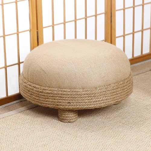 Puf otomano de Cuerda de cáñamo, pequeño Taburete Redondo para Cambiar Zapatos con Patas de Madera Maciza, Tejido a Mano, para Sala de Estar, Dormitorio y Entrada, de Lino.
