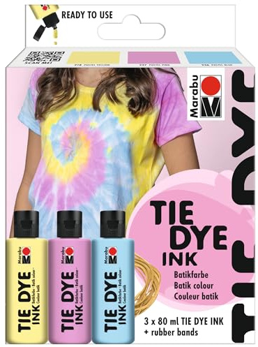 Marabu TIE DYE INK Batikfarben Set Pastell, 3 x 80 ml Farbe auf Wasserbasis, inkl. Gummibänder, strahlende Batikfarbe für helle Textilien bis 20% Kunstfaseranteil, 1730000000201