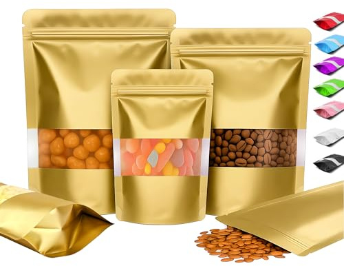 Plaphy 100 Sacchetti Mylar in Alluminio Stand-Up Richiudibili con Zip e con Finestra, Buste Ermetiche Colorate per Alimenti, Confezionamento e Conservazione Caffè, Tè e Caramelle (Oro, 10 x 15 cm)