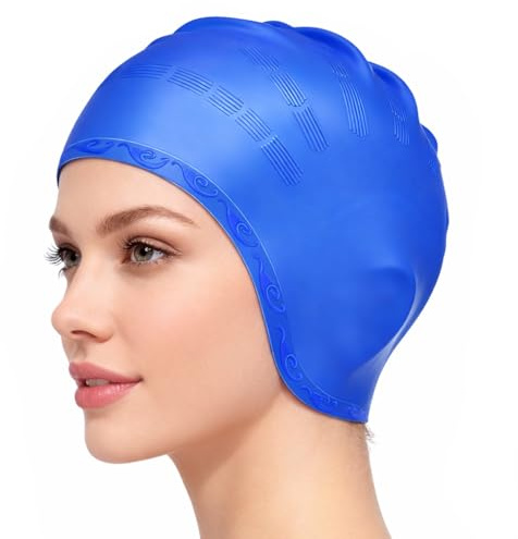 Cuffia da bagno protezione per le orecchie 3D, cuffia da bagno per donne e uomini, cuffia da nuoto in silicone impermeabile per nuoto per capelli corti/lunghi berretto per adulti e giovani (blu)