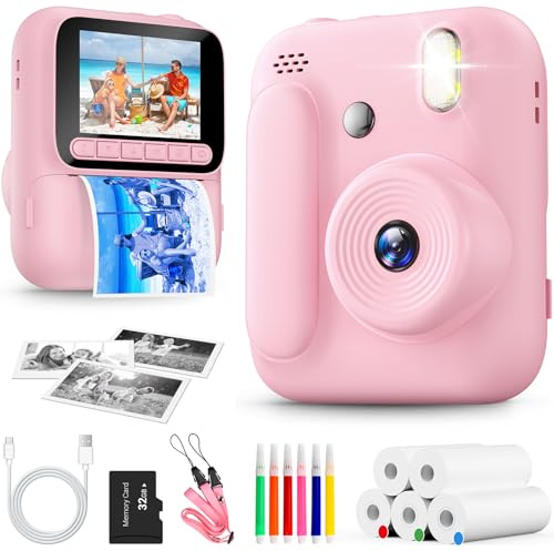 Appareil Photo Instantané Enfants,1080P Appareil Photo Enfant avec 5 Rouleaux de Papier,Carte 32GB et Stylos de Couleur,Appareil Photo Numérique Portable pour Garçons et Filles de 3-14 Ans (Rose)
