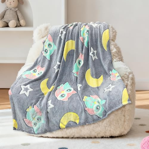 Enhörningsfilt gosig filt – 120 x 150 cm filt enhörning lyser i mörkret, varmt och fluffigt barnfiltar för 1–10 år flickor och pojkar – mjuk levande filt för gåva (uggla, 100 x 150 cm)