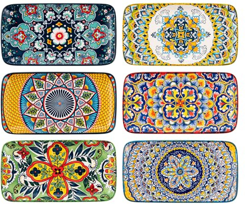 HENXFEN LEAD Serving Plates Porcelain, 8 Inch Small Rectangular Plate Set, Salad Plates for Sushi, Appetisers, Cakes, Bohemian Floral Design in 6 Vibrant Colors