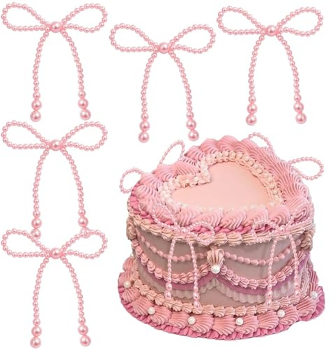 12 Piezas Decoración para Tartas Lazo Perlas Rosas, Adornos para Pasteles de Boda y Baby Shower, Decoración de Pastel de Cumpleaños Niña, Cupcake Toppers Perla Rosa Elegantes para Fiestas y Bautizos