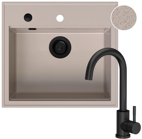 SINK QUALITY Spülbecken Beige mit Armatur Set 56 x 51 cm - Spüle mit Wasserhahn, Siphon Schwarz, Abtropfgestell, Imprägniermittel - Küchenspüle Komplettset für 60er Unterschrank
