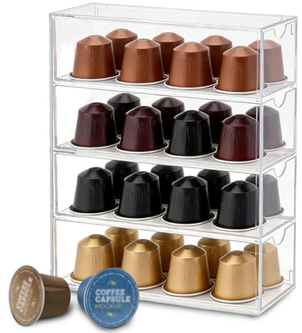 Caja de almacenamiento transparente de 4 cajones para cápsulas de café – Moderno soporte para cápsulas de café con diseño apilable para una organización elegante, vitrina de acrílico pequeño, para