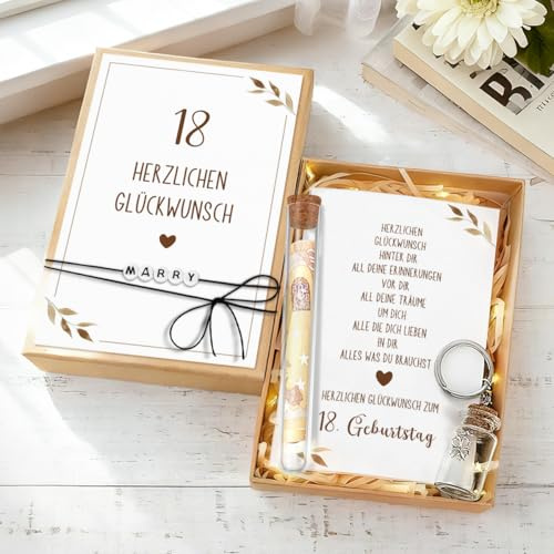 Geschenke zum 18.Geburtstag Mädchen Junge, Geldgeschenke 18. Geburtstag Verpackung, Minimalistisches Design Geschenkbox mit LED Lichterkette Reagenzglas Geburtstagskarte Kleeblatt-Flasche