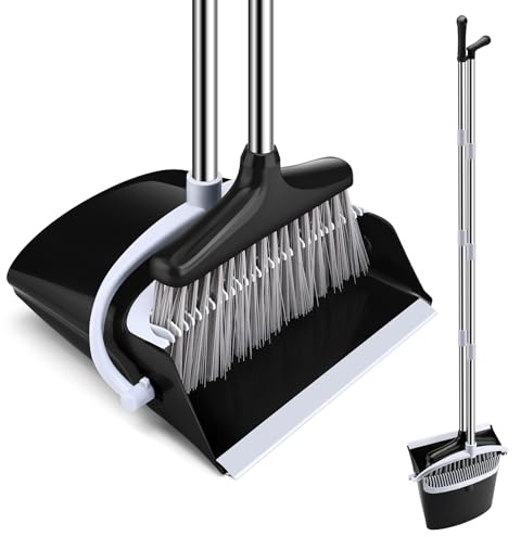 DESPOINA Besen und Kehrschaufel Set, 115 cm ausziehbarer Stiel, Besen mit Stiel, Aufrechte Kehrgarnitur aus Edelstahl mit PET-Borsten, Moderner Stehbesen für Hartboden(Schwarz)
