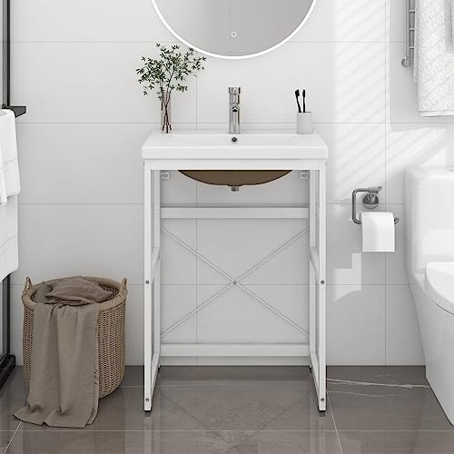 Plumbpyr Mobile da bagno con lavabo bianco in ferro verniciato a polvere, 59 x 38 x 83 cm, con lavabo da incasso in ceramica da 61 x 39,5 x 18,5 cm e troppopieno per lavabo moderno e mobili da bagno