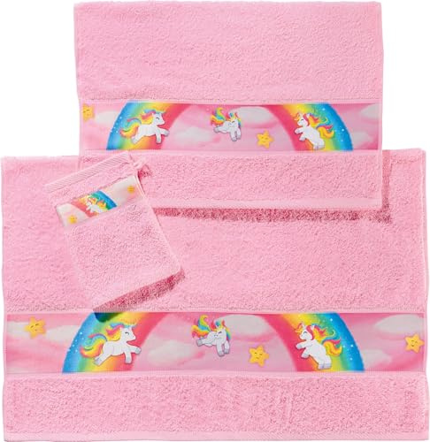 Erwin Müller Kinder-Frottierset 3-TLG. Einhorn, Unicorn - Handtuch, Badetuch, Waschhandschuh rosa Größe - weich, saugstark, 100% Baumwolle