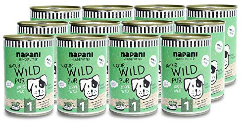 napani - Premium Hundefutter nass, 100% Wildfleisch, glutenfreies, getreidefreies Nassfutter aus der Dose, Barf-Fleisch, schonend dampfgegart, artgerecht, 12 x 400g