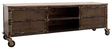 MASSIVMOEBEL24.DE | Heavy Industry TV-Board aus Massivholz #233 aus Mangoholz mit Eisen - Braun, lackiert 170x40x60 cm 2 offene Fächer + 2 Türen Lowboard