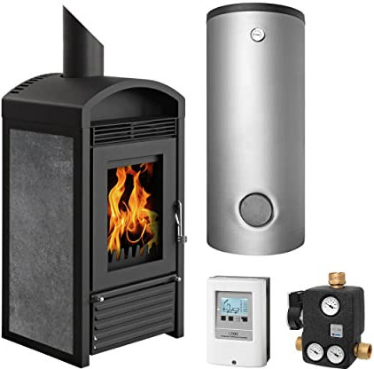 Schmitzker KS3033 Marbella Mini Keramik Anthrazit Wasserführender Kaminofen - Komplett-Set mit Pufferspeicher TPSM 300L